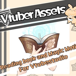 Può includere: Un libro marrone con un cerchio magico blu incandescente sulla copertina. Il libro è aperto e una mano lo tiene. Il testo sotto il libro dice "Reading book and Magic Motion For Vtubestudio".