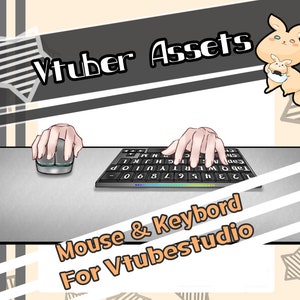 Puede incluir: Un teclado negro y un ratón de ordenador gris sobre un escritorio blanco. El texto "Vtuber Assets Mouse & Keyboard For Vtubestudio" está debajo del teclado y el ratón.