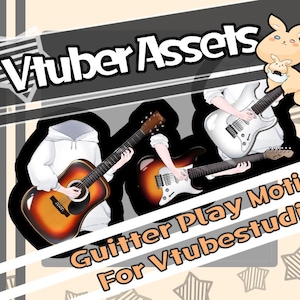 以下が含まれることがあります： アコースティックギター、サンバーストのエレキギター、白いエレキギターの3本のギターを描いたイラスト。画像には「Vtuber Assets」と「Guitar Play Motion For Vtubestudio」という文字が含まれています。漫画のカンガルーとジョーイもいます。
