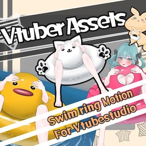 Könnte beinhalten: Illustration mit drei Zeichentrickfiguren in aufblasbaren Ringen. Die Ringe haben die Form einer gelben Ente, einer weißen Katze und eines rosa Herzens. Der Text "Vtuber Assets" und "Swim ring Motion For Vtubestudio" ist ebenfalls sichtbar.