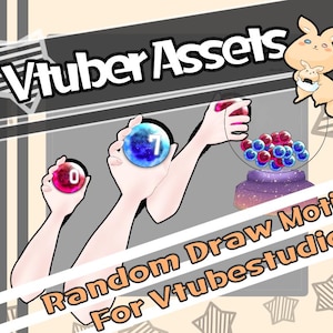 Könnte beinhalten: Illustration für Vtuber Assets, mit Händen, die nummerierte Kugeln und einen Kaugummiautomaten halten. Der Text "Vtuber Assets" und "Random Draw Motion For Vtubestudio" werden angezeigt. Ein Cartoon-Känguru ist ebenfalls vorhanden.