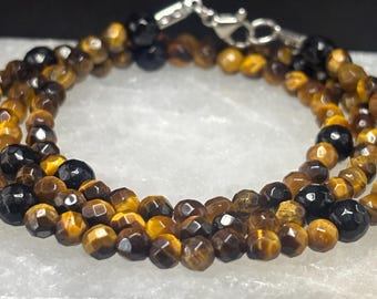 Colar Olho de Tigre | Colar de Pedras Preciosas | Ônix Preto | Olho de Tigre | Pedras Preciosas Facetadas | Colares de Cristal | Colar da Clareza Mental