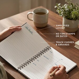 Pode incluir: Uma agenda de espiral com páginas pautadas e secções para tarefas e recados. No topo da página encontra-se o texto Hello Thoughts. A agenda inclui um layout simplificado sem marcações de tempo ou datas para tarefas do dia a dia.
