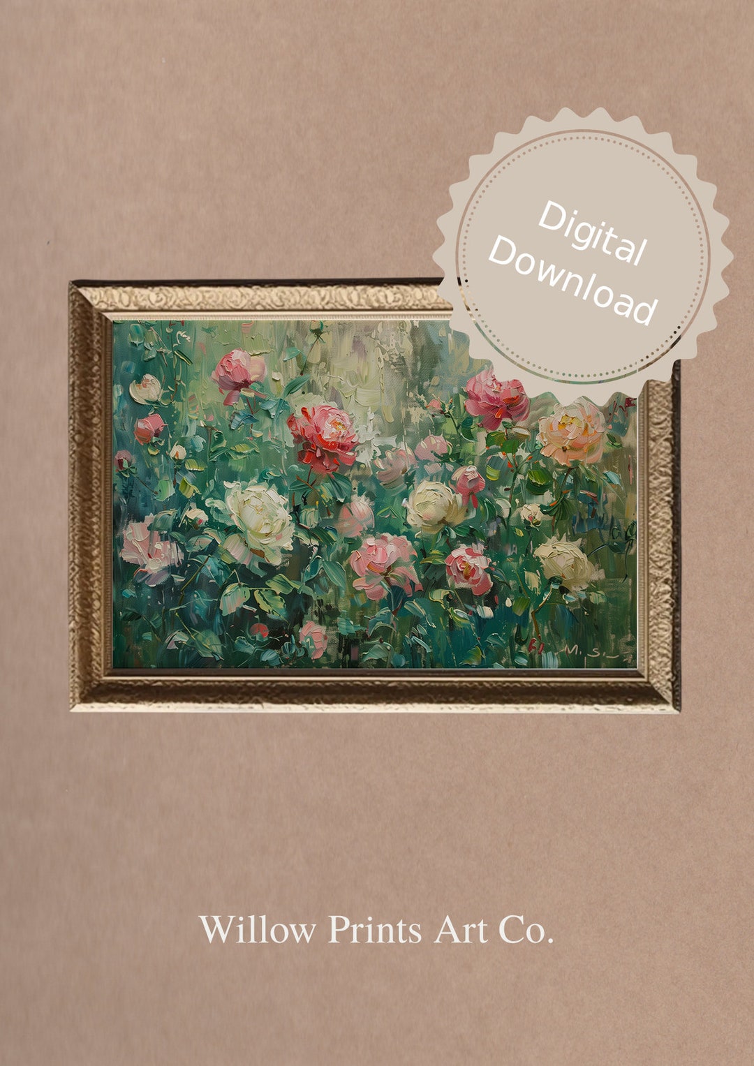 Pink and White Rose Garden Oil Painting Vintage Blossoming Floral Print ...