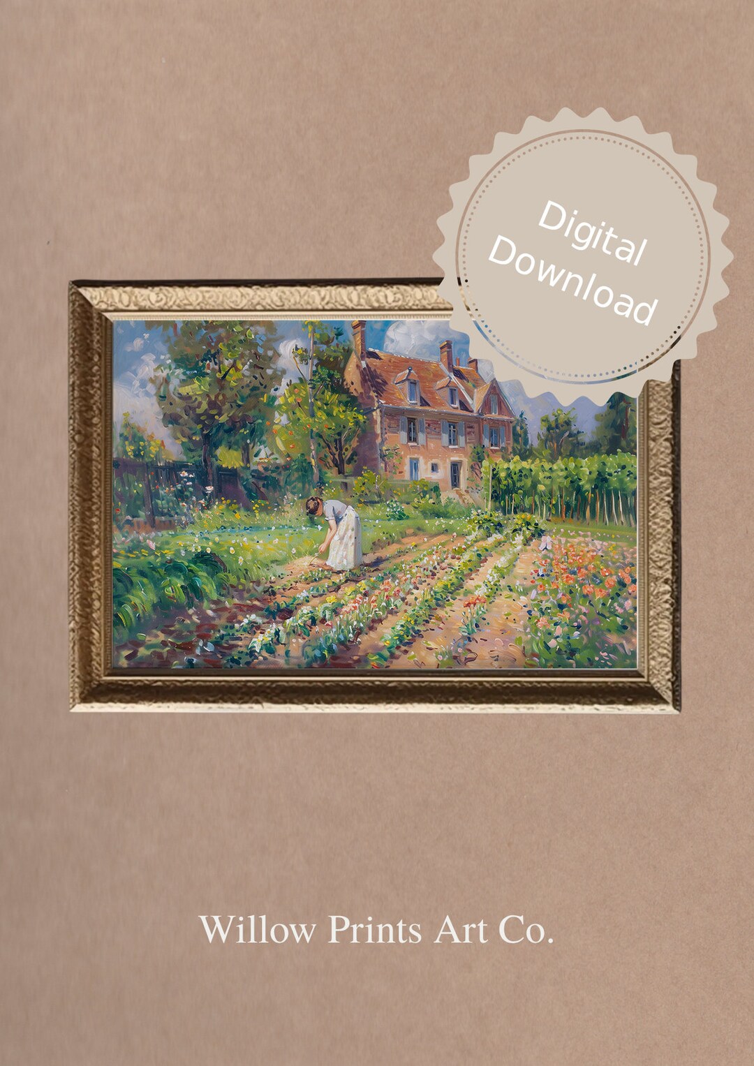 Summertime Tranquil Garden Scene Print Vintage Oil Painting or A Woman ...