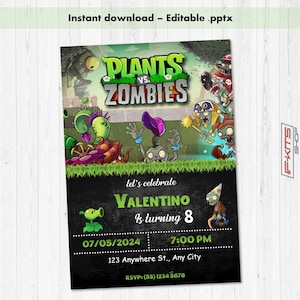 Plants vs Zombies bewerkbare verjaardagsuitnodiging, direct downloaden, bewerkbaar in elke taal, afdrukbare kaart, model02