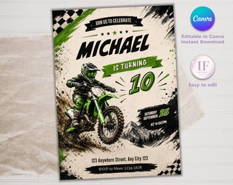 Einladung zum Motocross-Geburtstag, Einladung zur Dirtbike-Party, Motorradgeburtstag, in Canva bearbeitbar