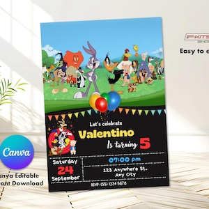 Convite de aniversário editável Looney Tunes, download instantâneo, editável em qualquer idioma, cartão de festa infantil
