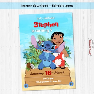 Convite de aniversário editável Lilo e Stitch, 4 modelos, download instantâneo, editável em qualquer idioma, cartão de festa infantil