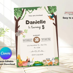 Carte d'invitation d'anniversaire Animaux de la jungle, modifiable sur Canva, téléchargement instantané, modifiable dans toutes les langues