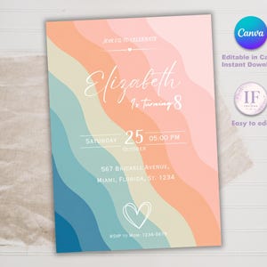 Colorful Summer Birthday Invitation, Editable in Canva, Summer Party, Gradient Birthday Invitation, Modern Printable Card, Girls Party