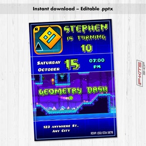Convite de aniversário editável Geometry Dash, download instantâneo, editável em qualquer idioma, cartão de festa infantil - modelo 02