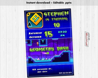 Geometry Dash Editable Birthday Invitation, Instant Download, Editable in any language, Children&#39;s Party Card - Model02