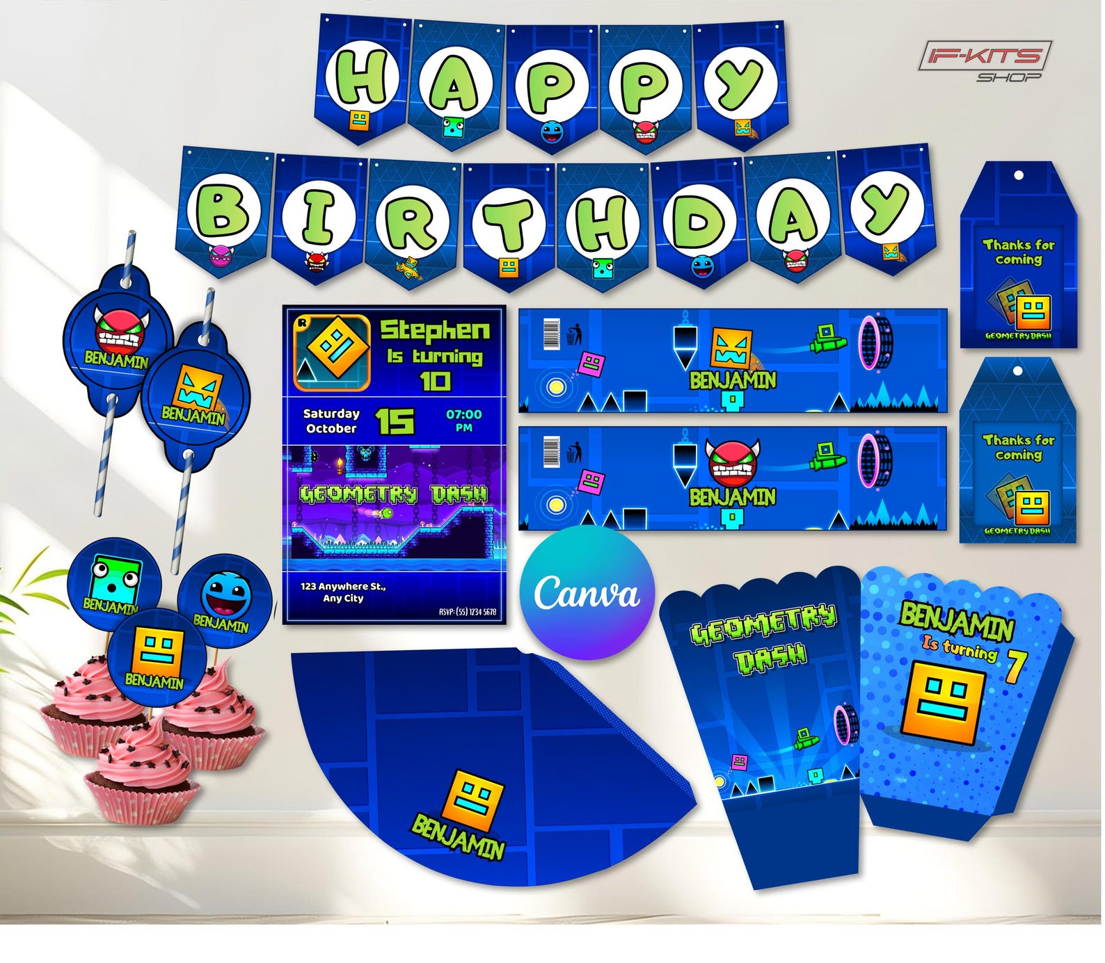 Geometry Fun Birthday Problem Geometry Dash Printable Birthday Party Kit, Editable in Canva, Instant ...