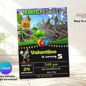 Plants vs Zombies Birthday Invitation, Editable in Canva, Instant Download, Children's party card, Gamer themed, Kids party decoration