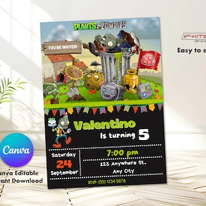 May include: A Plants vs Zombies themed birthday invitation for Valentino's 5th birthday party. The invitation features a green background with a cartoon zombie character and a green plant. The invitation includes the date, time, and location of the party. RSVP information is also included.