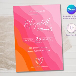 Pink Orange Gradient Birthday Invitation, Editable in Canva, Sunset Party Invite, Summer Birthday, Modern Birthday Card, Printable Invite