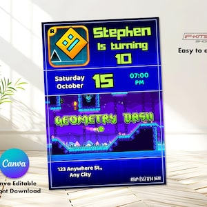 Geometry Dash Birthday Invitation, Editable in Canva, Instant Download, Gamer themed birthday, Children's Party Card - Model02
