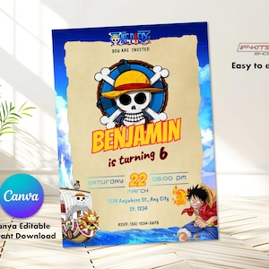 Puede incluir: Invitación de cumpleaños con temática de One Piece con fondo azul y beige. La invitación presenta el texto "BENJAMIN cumple 6 años" e incluye detalles de la fiesta. El diseño incluye una calavera con sombrero de paja y un barco pirata.