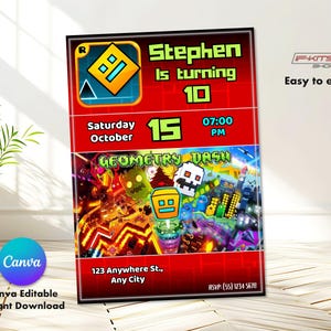 Geometry Dash Birthday Invitation, Editable in Canva, Instant Download, Gamer themed birthday, Children's Party Card - Model06
