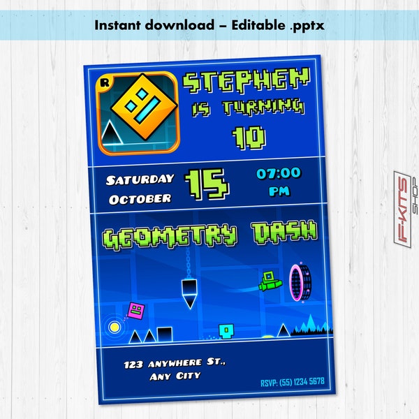 Geometry Dash Editable Birthday Invitation, Instant Download, Editable in Any Language, Printable or Virtual Card