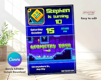 Geometry Dash Invitation, Canva Editable Card, Instant Download, Editable in any language, Printable Card, Model02