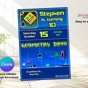 Geometry Dash Bewerkbare Verjaardagsuitnodiging, Direct Downloaden, Bewerkbaar in elke taal, Kinderfeestkaart