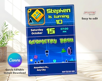 Geometry Dash Editable Birthday Invitation, Instant Download, Editable in any language, Children&#39;s Party Card