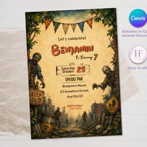 Op de afbeelding: Een rechthoekige verjaardagsuitnodiging met een zombie-illustratie, een post-apocalyptische stad, groen gebladerte en vlaggetjes. De tekst bevat Let's celebrate! Benjamin is turning 7, Saturday October 25, 04:00 PM en RSVP to Mom.