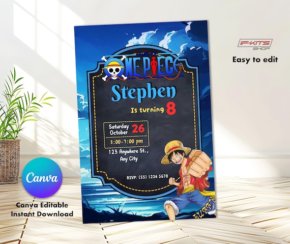 One Piece Invitation, Canva Editable Birthday Card, Instant Download, Editable in any language, Printable Card