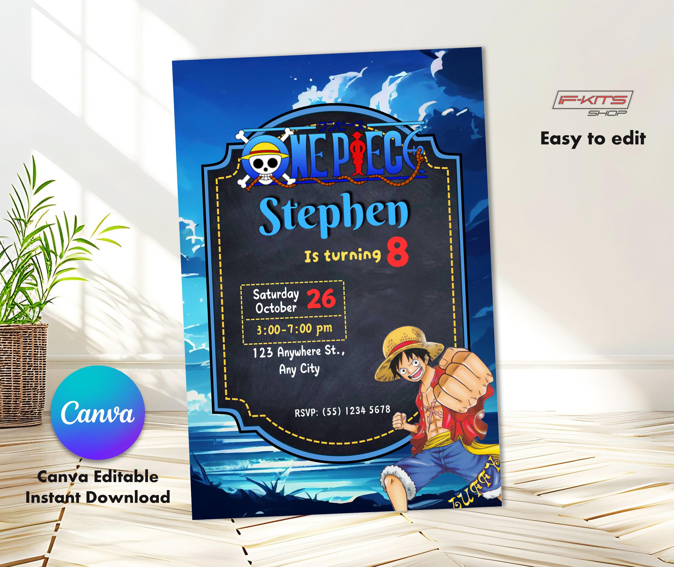 One Piece Invitation, Canva Editable Birthday Card, Instant Download, Editable in any language, Printable Card