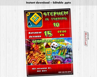 Geometry Dash Editable Birthday Invitation, Instant Download, Editable in any language, Children&#39;s Party Card - Model06