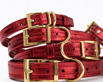 Red Italian Leather Dog Collar – Metallic Gold Hardware, Adjustable, Handmade USA