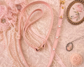 Pink Leather Dog Leash, Luxury Puppy Leash with Crystal Rivets, Designer Pet Walking Lead, New Puppy Gift