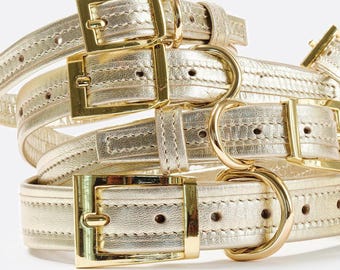 Collar para perro de cuero italiano color oro, regalo para amantes de los perros: herrajes de lujo con acabado dorado y collar de cuero genuino.