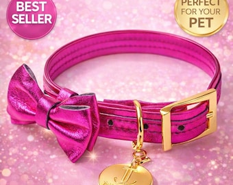 Collar italiano de cuero fucsia para perro con lazo, herrajes dorados de lujo, hecho a mano en Miami.