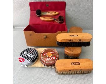 Vintage Kiwi Shoe Shine Kit Horsehair Brushes Polish Travel Case