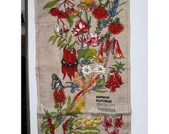 Vintage Souvenirs Australia Wildflowers Kangaroo Island Linen Tea Towel 18x30