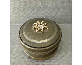 Vintage Metal Music Box Round Tiered Brass Tone Faux Pearl Rhinestone Brooch