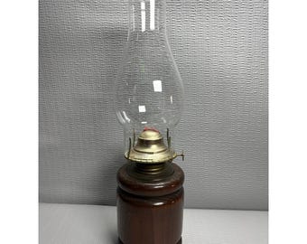 Vintage Wood Base Oil Lamp with Clear Glass Hurricane Chimney Rustic Farmhouse