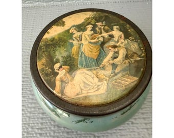 Vintage Green Milk Glass Trinket Dish Pastoral Scene Metal Lid Jar