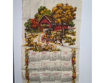 Vintage 1982 Linen Calendar Tea Towel Covered Bridge Horse Carriage Americana