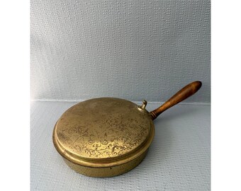 Vintage Etched Brass Silent Butler Crumb Catcher with Wood Handle Floral Design