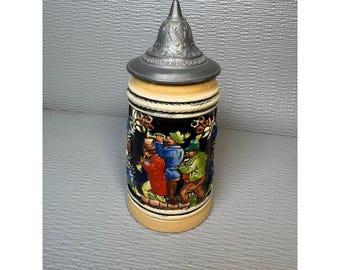 Vintage German Style Ceramic Beer Stein with Hinged Pewter Lid 6 Inch Relief