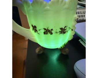 Vintage Custard Uranium Glass Creamer Pitcher Shell Design UV Glow Floral