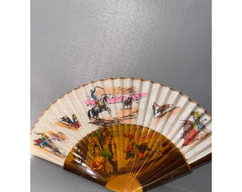 Vintage Spanish Bullfighting Hand Painted Folding Fan Matador Scene 16 Inch