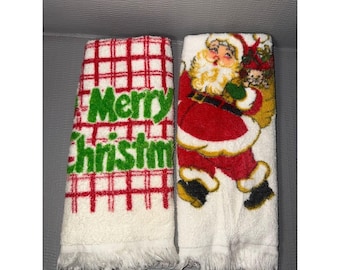 Vintage Christmas Hand Towel Set Santa Claus Merry Christmas Plaid Fringe White