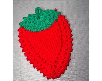 Handmade Crochet Strawberry Potholder Red Green Fruit Trivet Cottagecore Kitchen