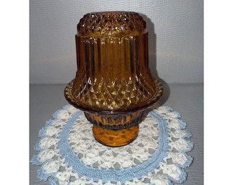 Vintage Amber Glass Fairy Lamp Diamond Point Ribbed 2 Piece Votive Holder 6.5"