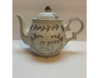 Vintage LEFTON 25th Anniversary Musical Teapot Bone China Music Box + Saucers